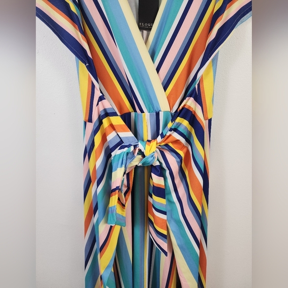 Eloquii Women's Vibrant Multicolor Striped Maxi Dress Front Wrap Tie, sz 14 - Picture 3 of 14